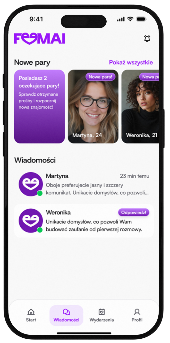 Ekran FEEMAI z nowymi parami i wiadomościami